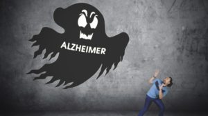 Picture of Afro man wearing sportswear while running away from a ghost with Alzheimer word | alzheimers disease | avoid alzheimers