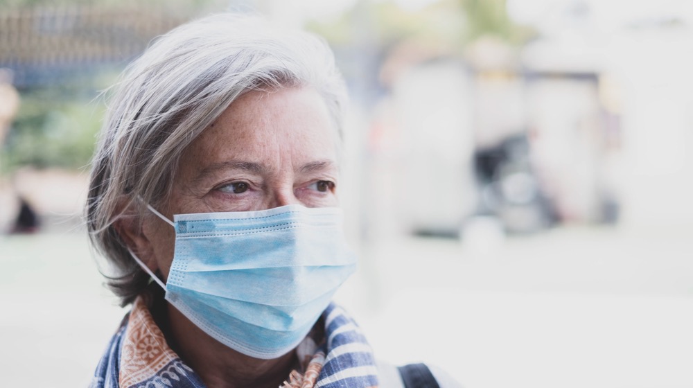 close up of face of mature woman wearing medical mask prevention coronavirus or covid-19 | covid conscious breathing | ss
