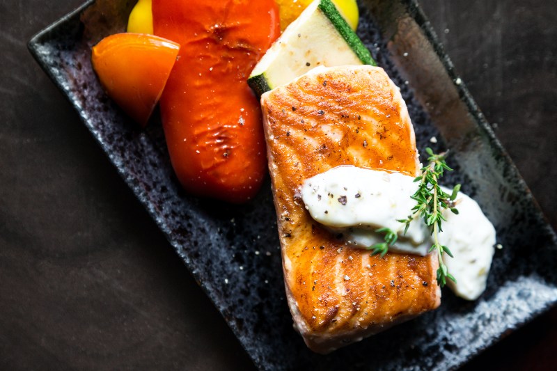 Grilled Salmon Fish on Rectangular Black Ceramic Plate | Foods for Diabetics