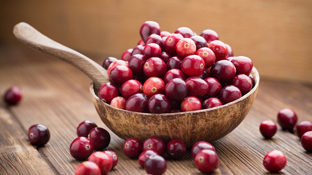 cranberries wooden bowl on background | uti