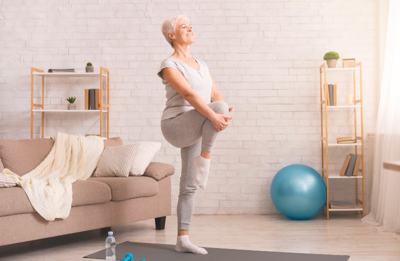 Gym at Home Active Senior Woman Doing Legs Exercise at Home | Standing Core Exercises for Seniors