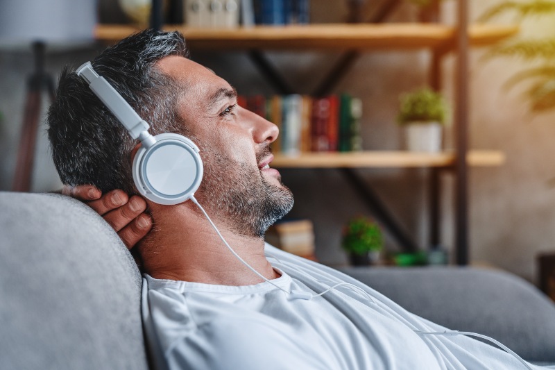 Middle Aged Man Listening Music with Headphones | Senior Gift