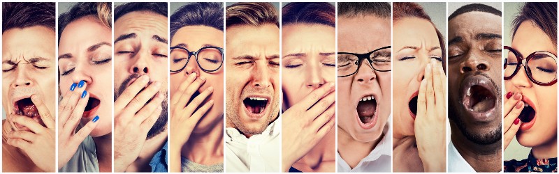 Multiethnic group of sleepy people women and men with wide open mouth yawning-Sleep Deprivation