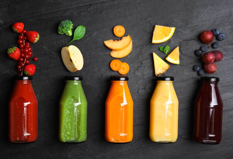 Flat lay composition with bottles of delicious juices | Can Expired Food Kill You