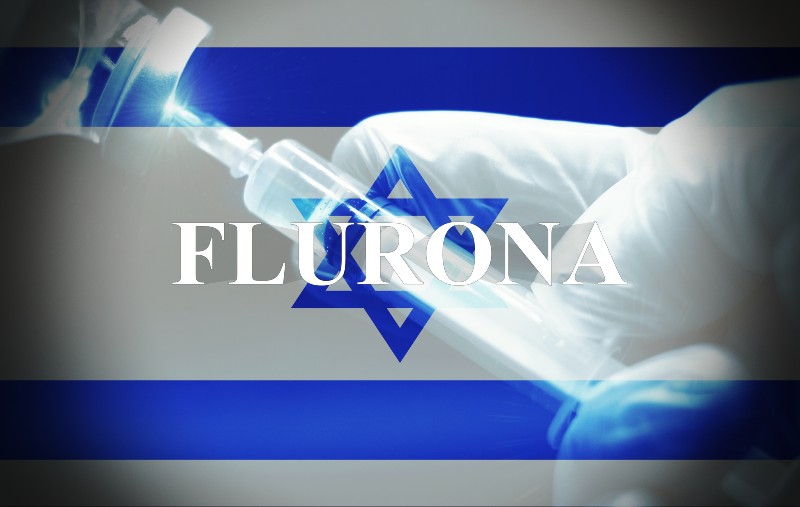 Syringe with the Israel flag as background and the text Flurona new variant virus | Flurona