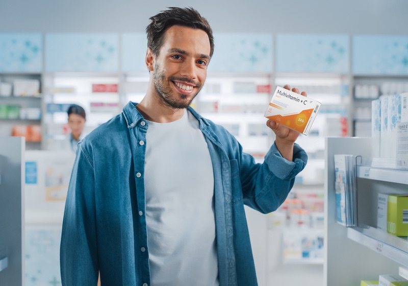 Best MultiVitamin for Men | Best MultiVitamins for Men | Man Choosing to Buy Vitamins, Showing the Correct Box _ Store with Health Care Products. Customer Recommending Best Vitamins